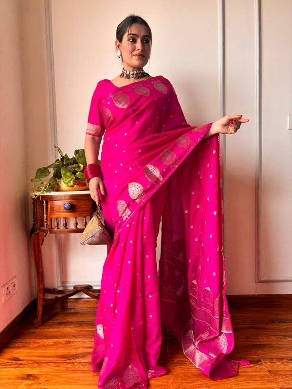Magenta Pink Alfi Motif Banarasi Zari Border Saree And Pallu