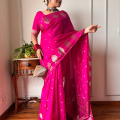 Magenta Pink Alfi Motif Banarasi Zari Border Saree And Pallu