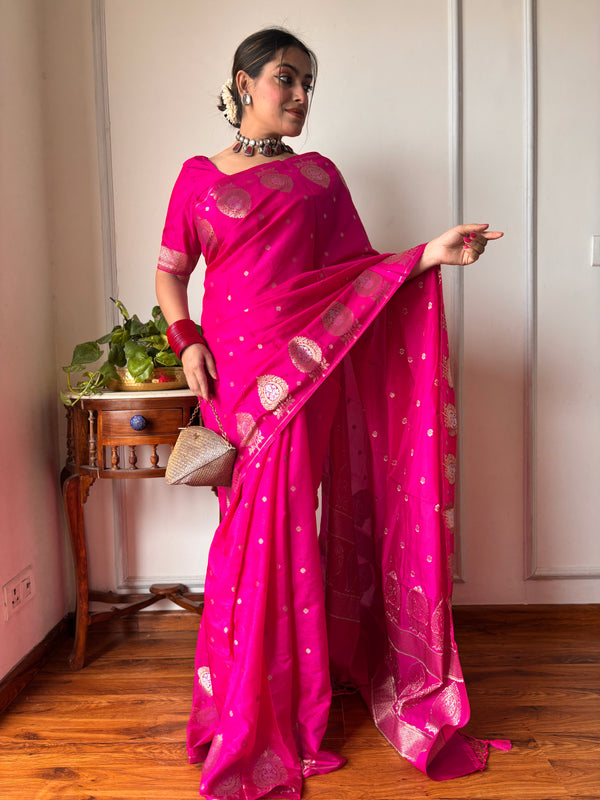 Magenta Pink Alfi Motif Banarasi Zari Border Saree And Pallu