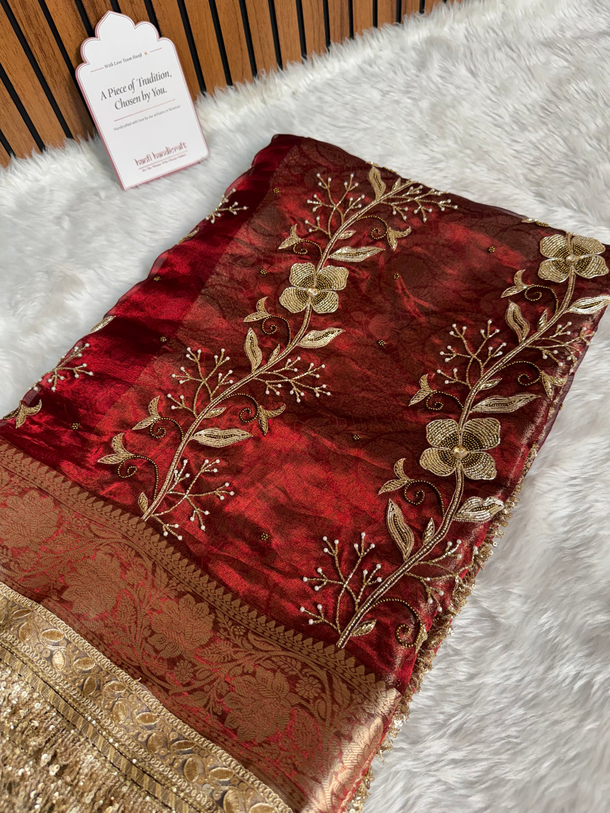 Shahi Vine Pure Tissue Zardozi Handwork Saree