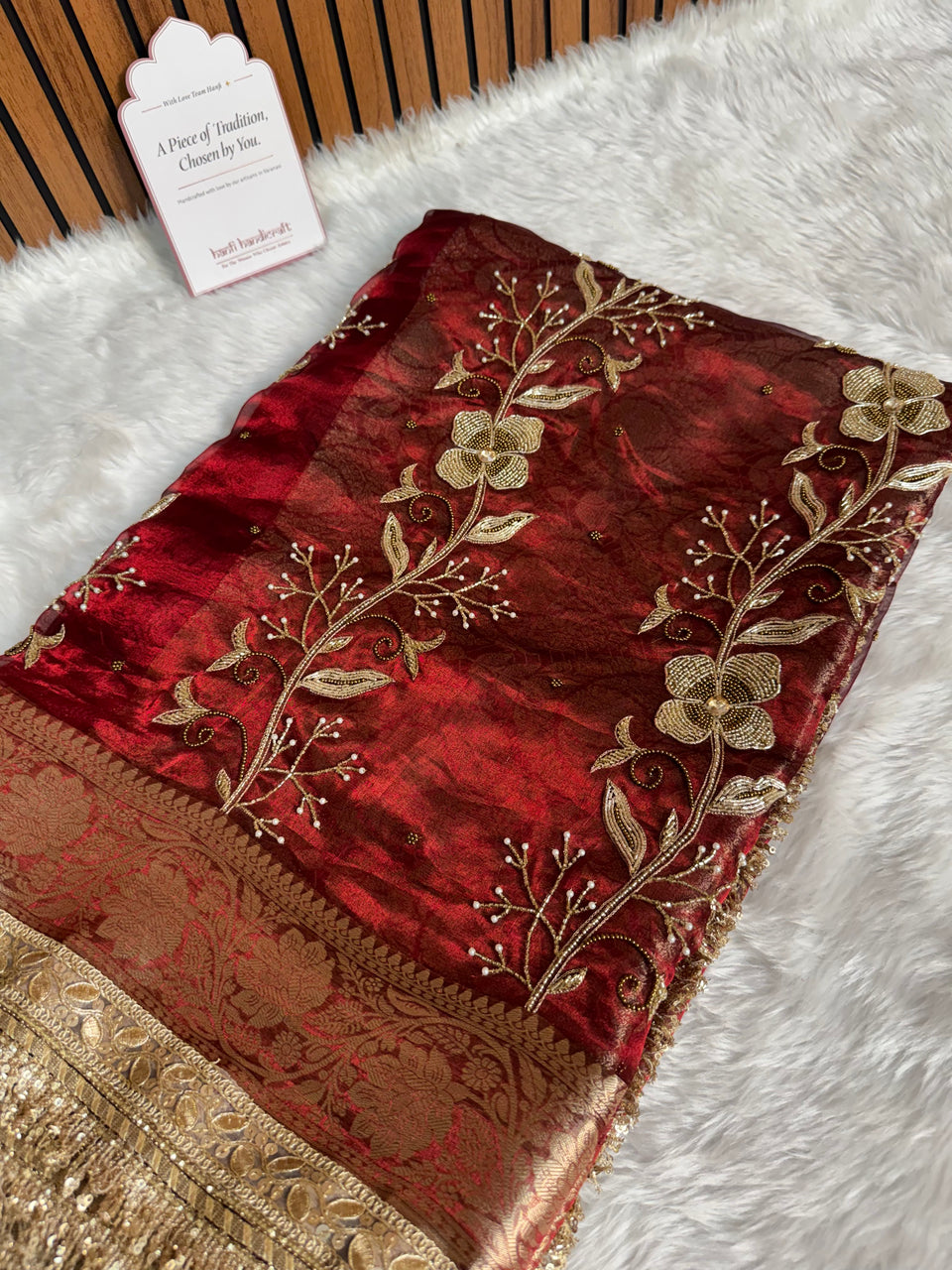 Shahi Vine Pure Tissue Zardozi Handwork Saree