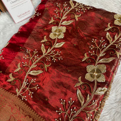 Shahi Vine Pure Tissue Zardozi Handwork Saree