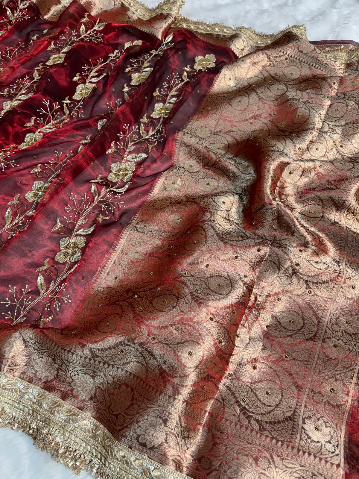 Shahi Vine Pure Tissue Zardozi Handwork Saree