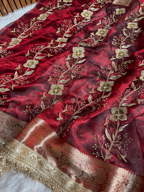 Shahi Vine Pure Tissue Zardozi Handwork Saree