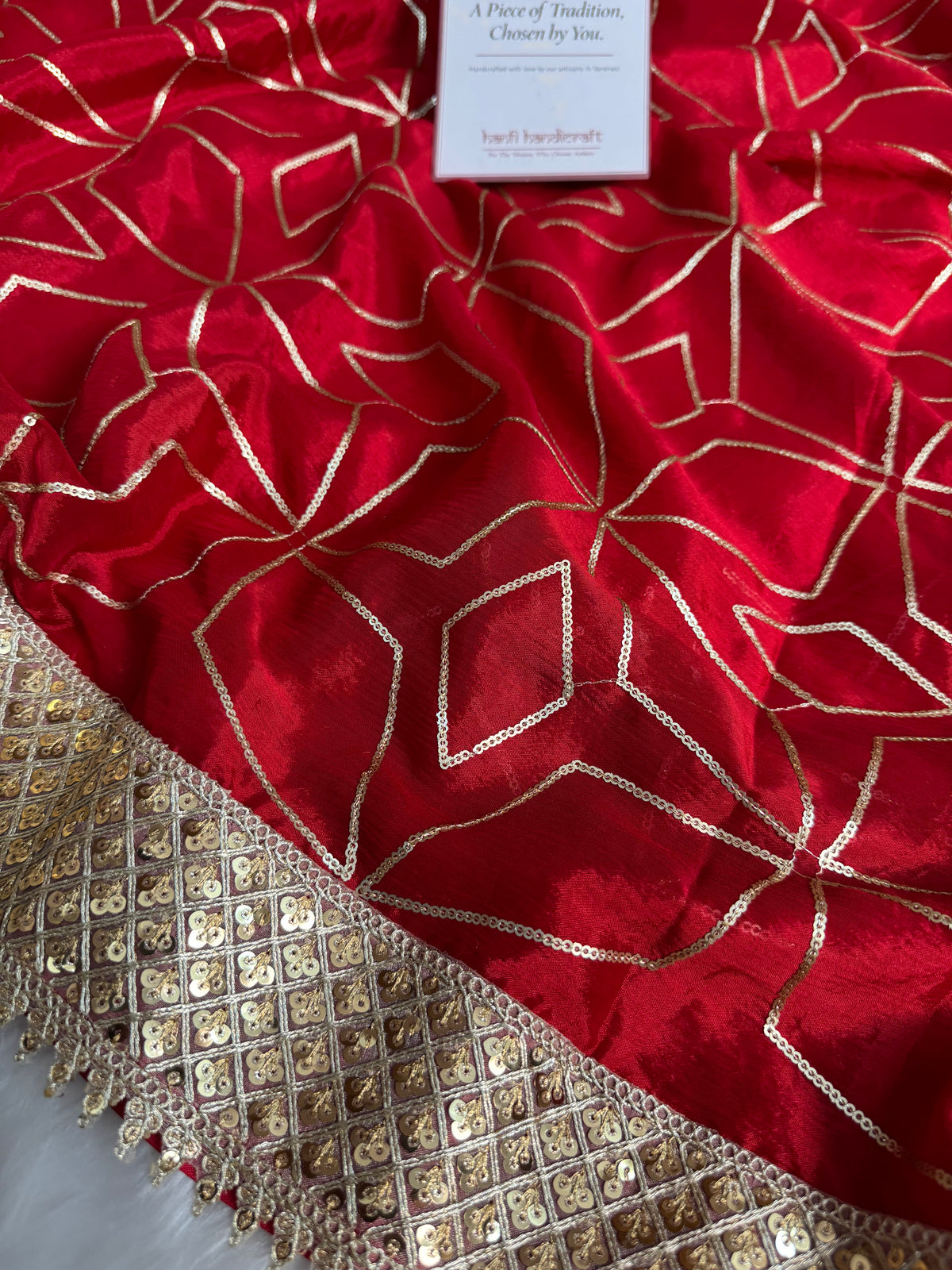Deep Red Lightweight Chinon Saree with Sequence work