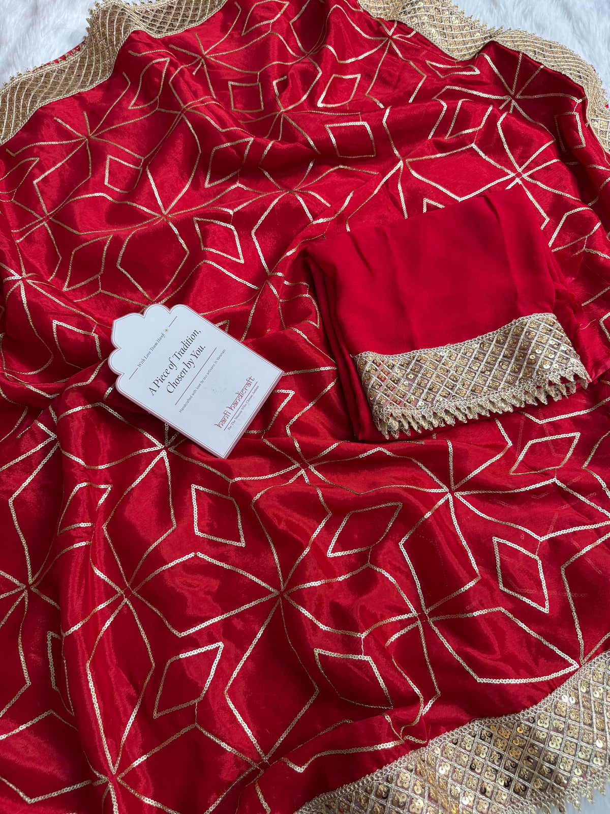 Deep Red Lightweight Chinon Saree with Sequence work