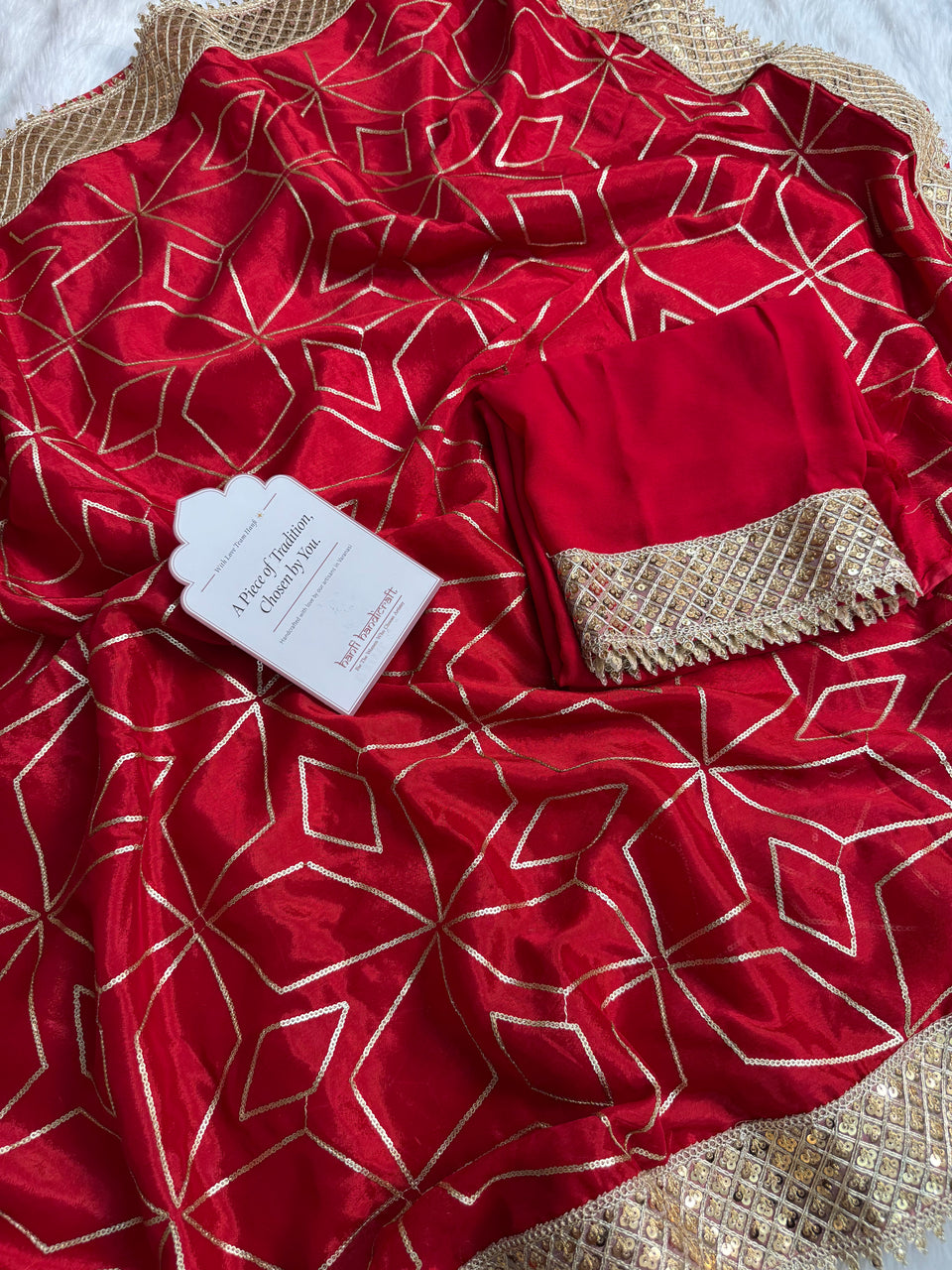Deep Red Lightweight Chinon Saree with Sequence work