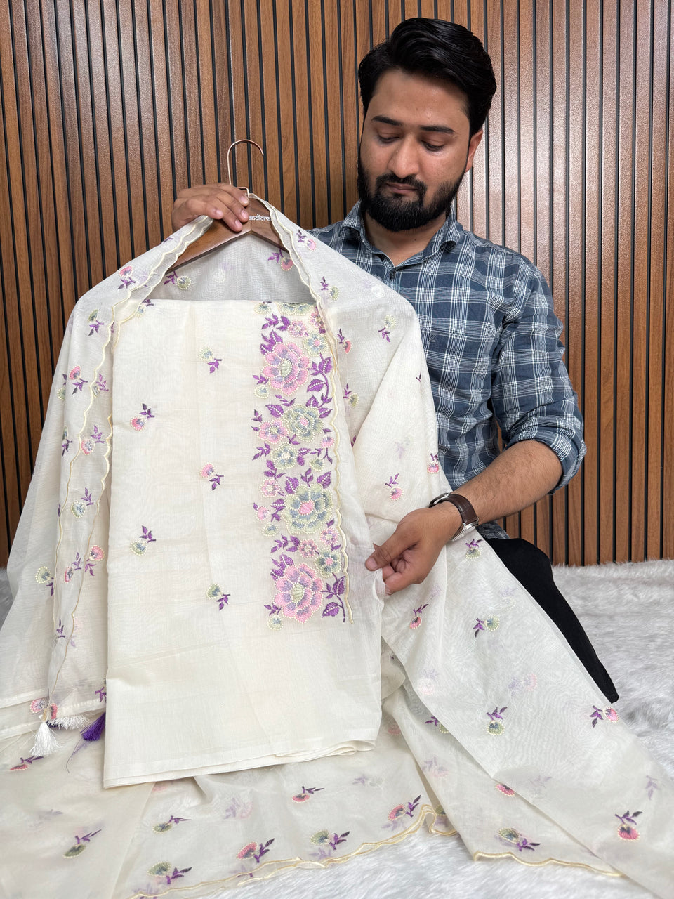 Mehr Mul Chanderi Suit Un-stitched – Violet Blossom