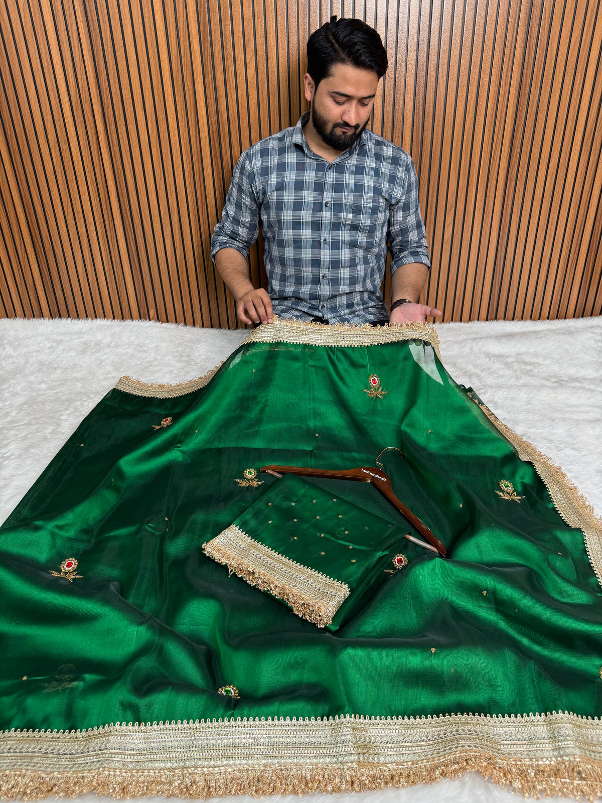 Emerald Green Gemstone Maharani Hand-work Designer Saree