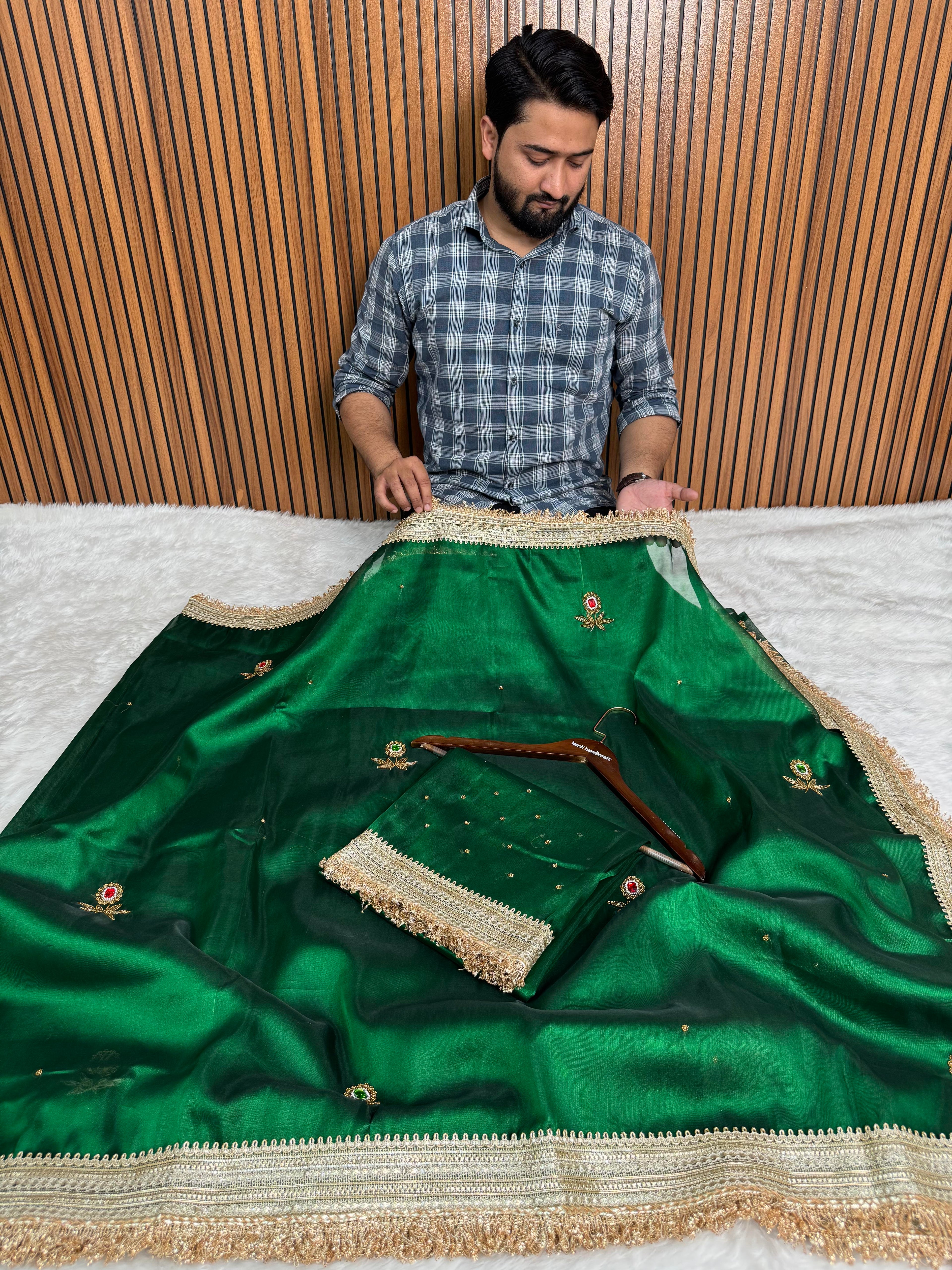 Emerald Green Gemstone Maharani Hand-work Designer Saree