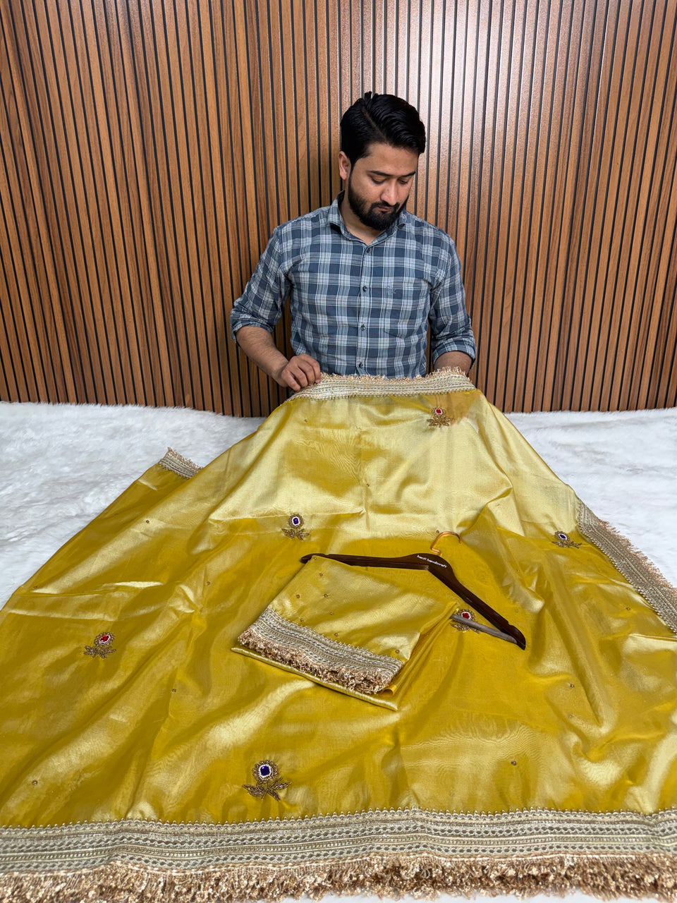 Golden Glow Gemstone Maharani Hand-work Designer Saree