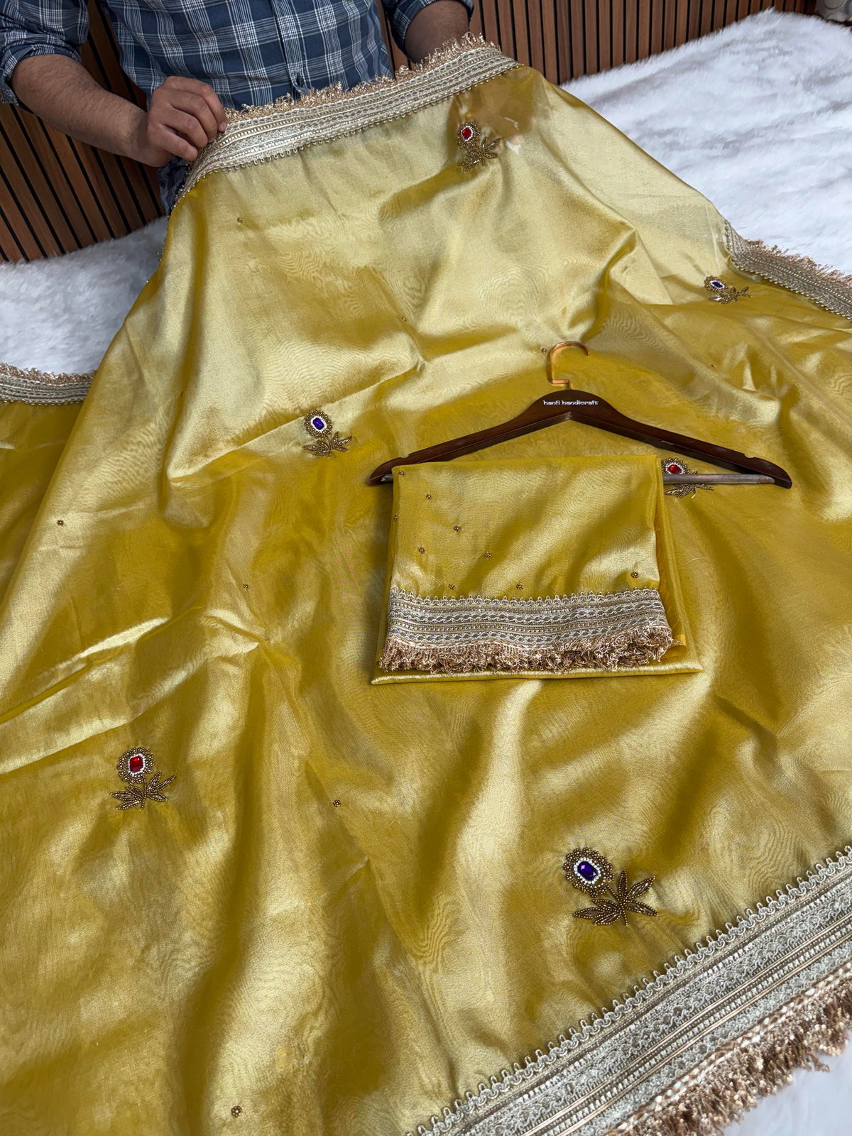 Golden Glow Gemstone Maharani Hand-work Designer Saree