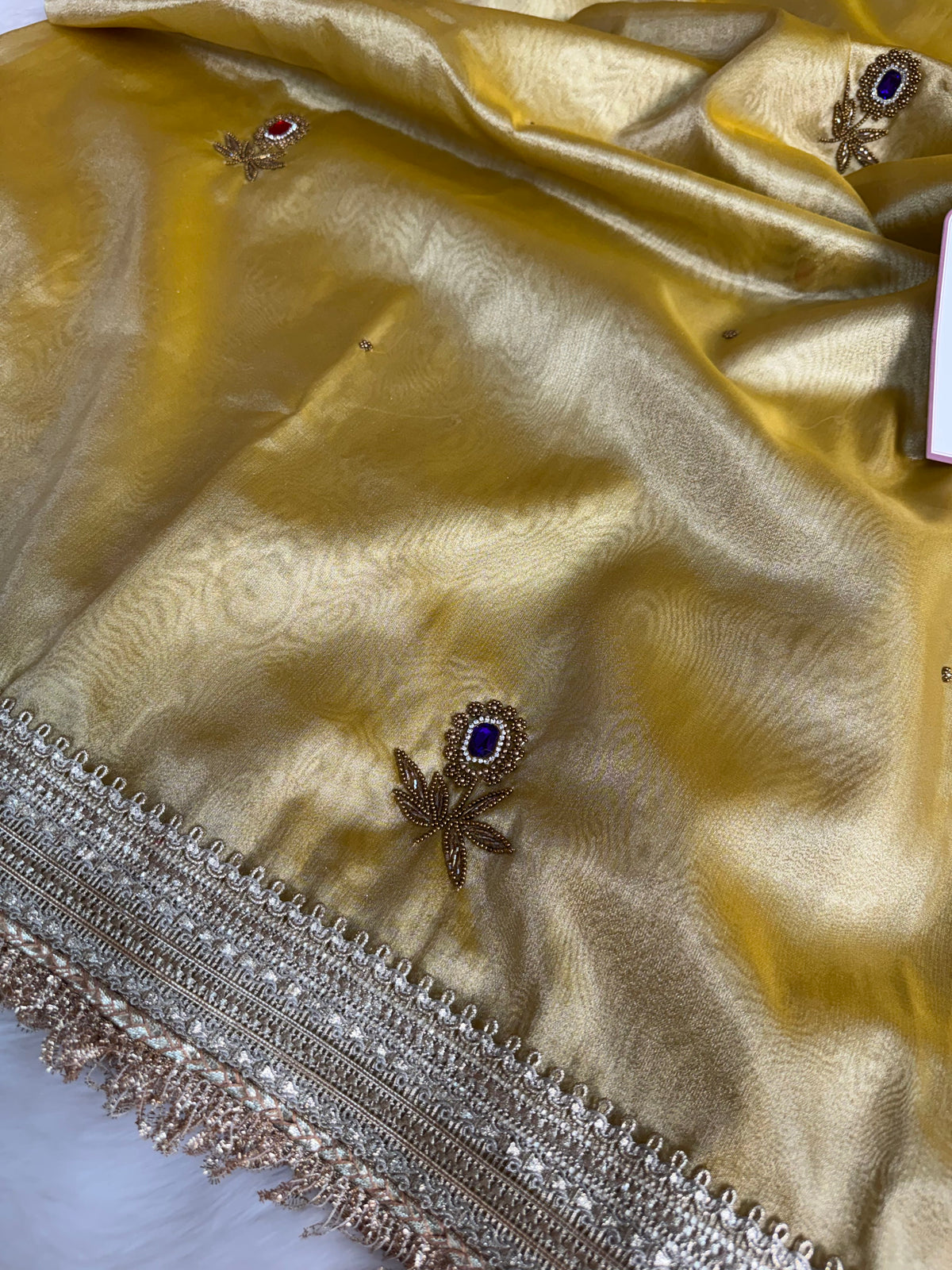Golden Glow Gemstone Maharani Hand-work Designer Saree
