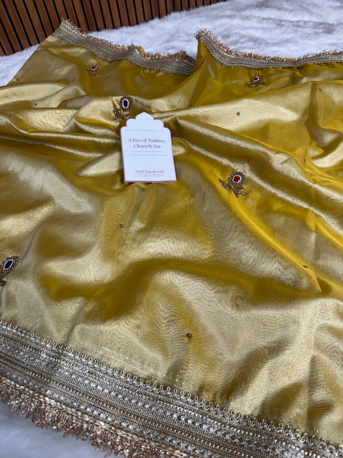 Golden Glow Gemstone Maharani Hand-work Designer Saree