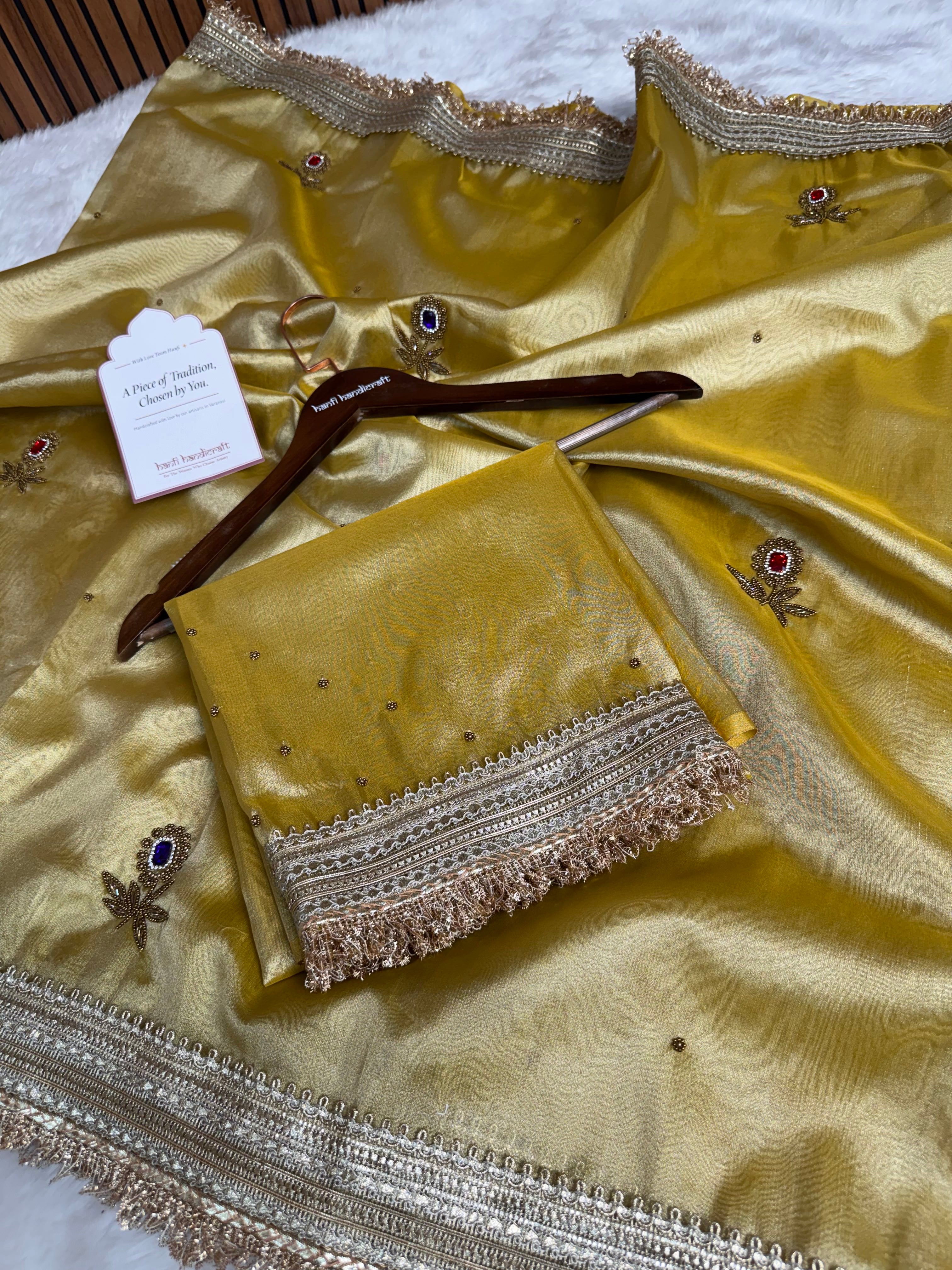 Golden Glow Gemstone Maharani Hand-work Designer Saree
