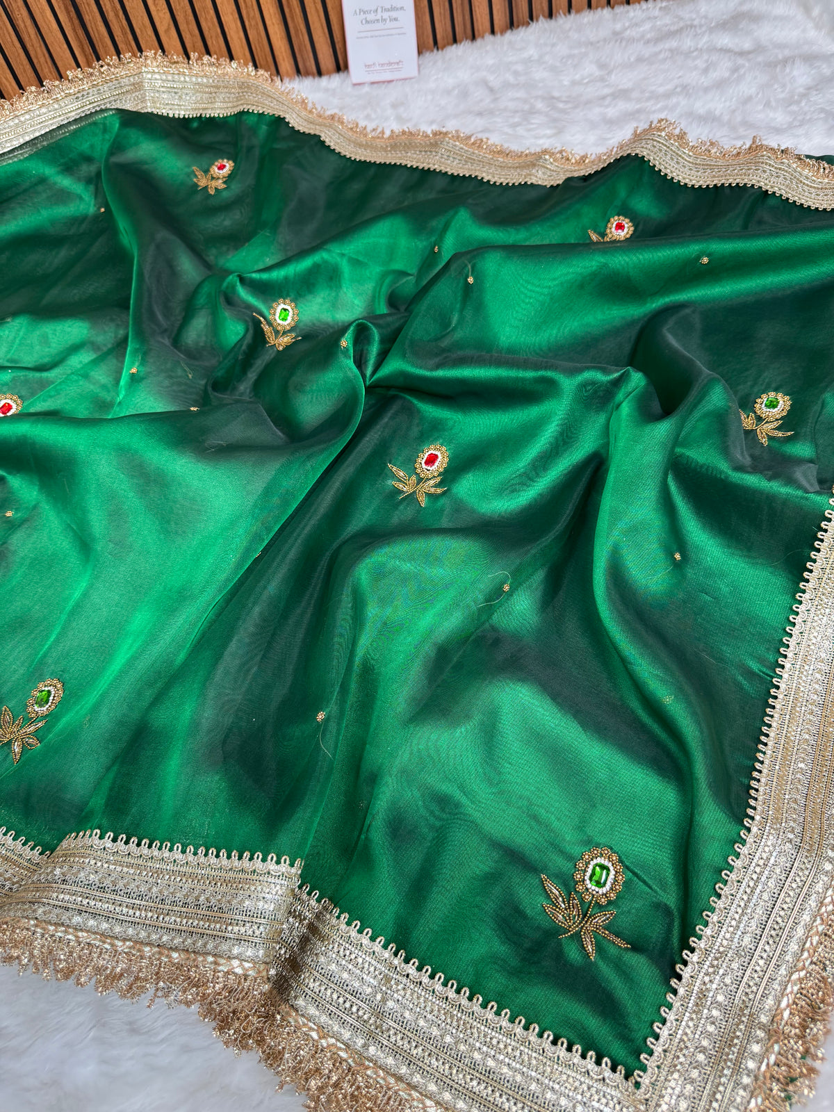 Emerald Green Gemstone Maharani Hand-work Designer Saree