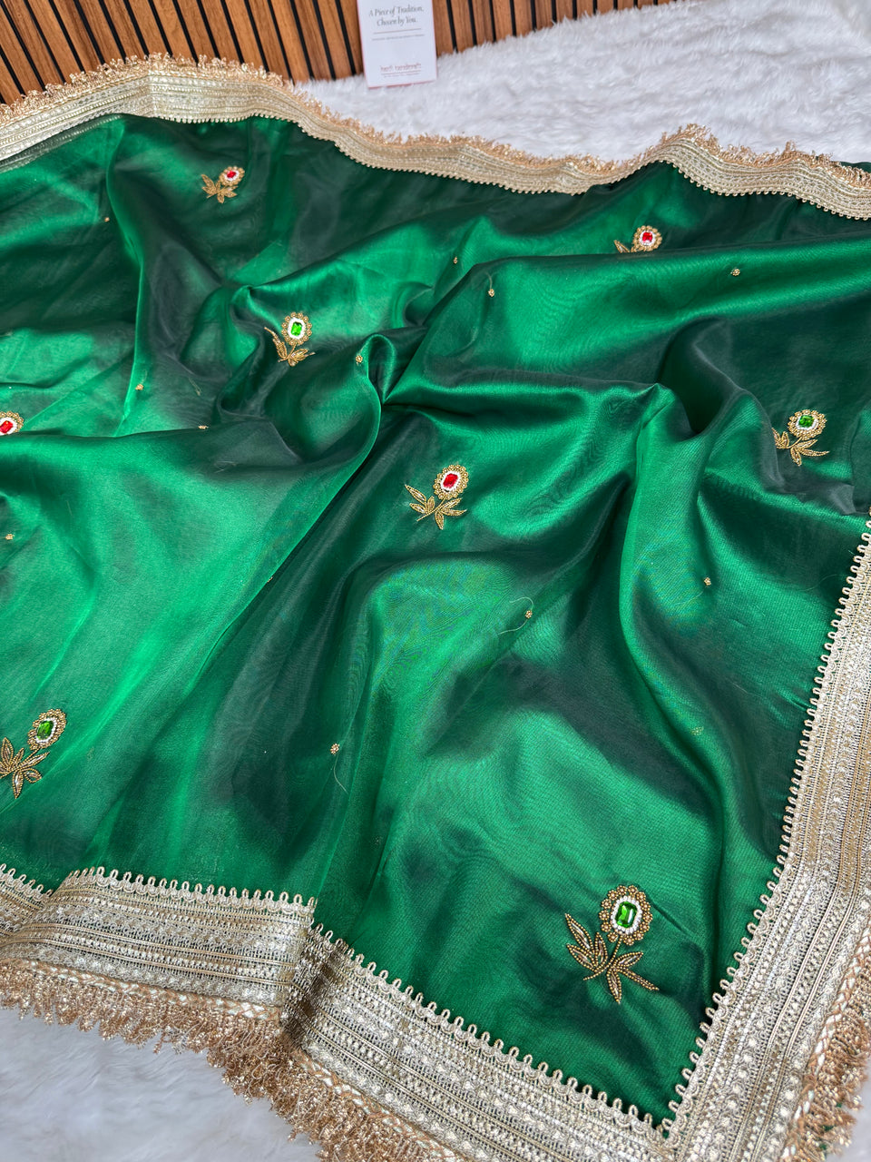 Emerald Green Gemstone Maharani Hand-work Designer Saree