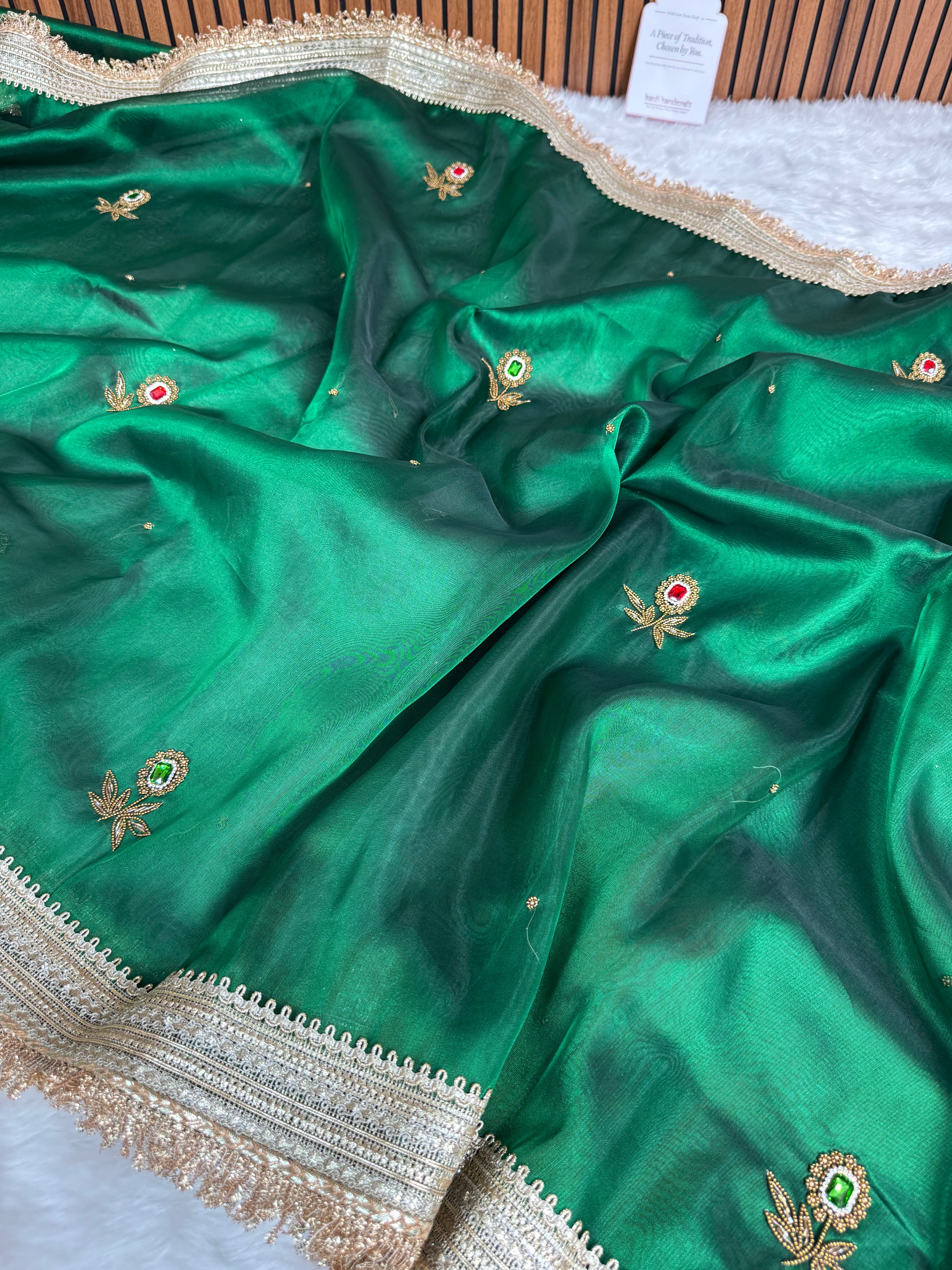 Emerald Green Gemstone Maharani Hand-work Designer Saree