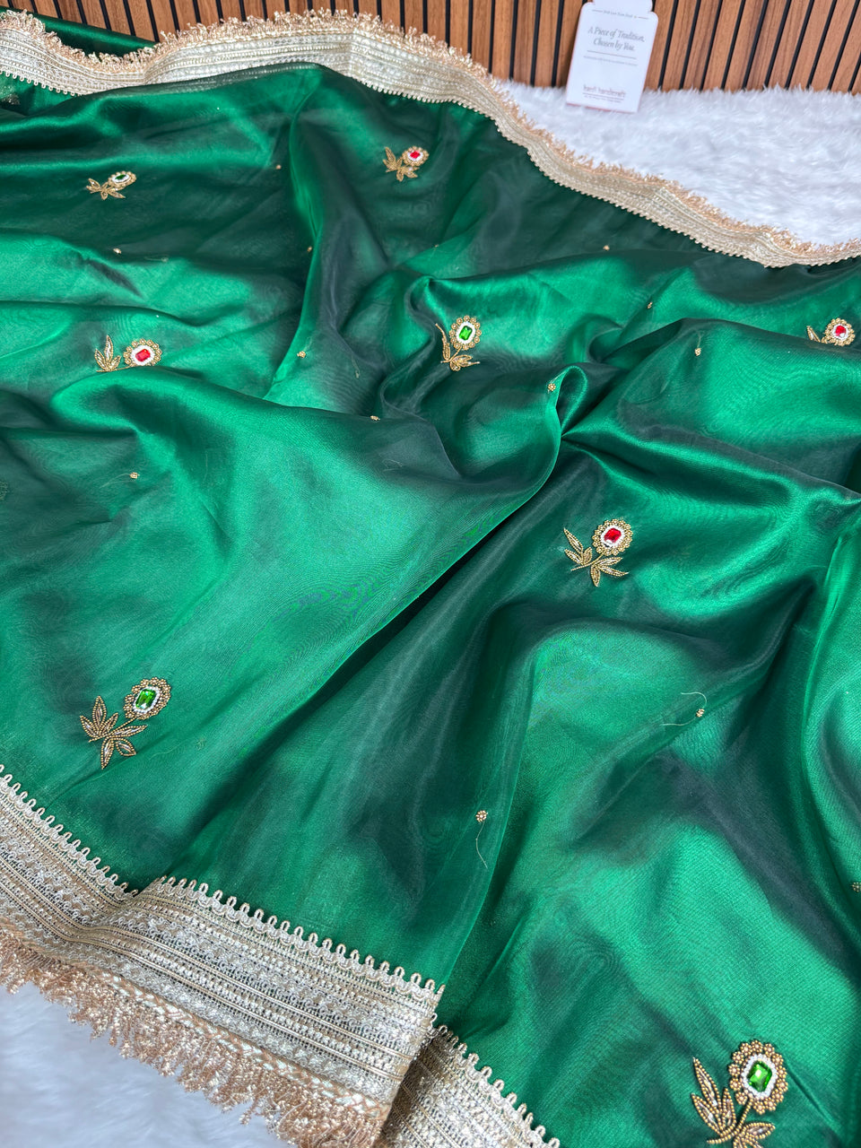 Emerald Green Gemstone Maharani Hand-work Designer Saree
