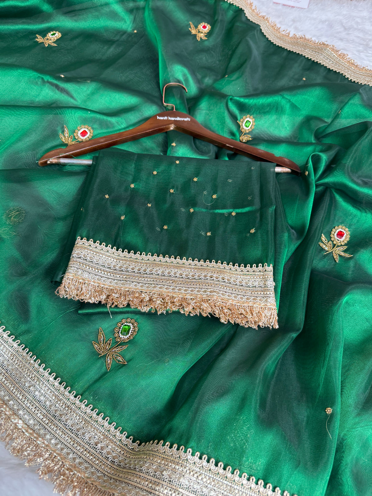 Emerald Green Gemstone Maharani Hand-work Designer Saree