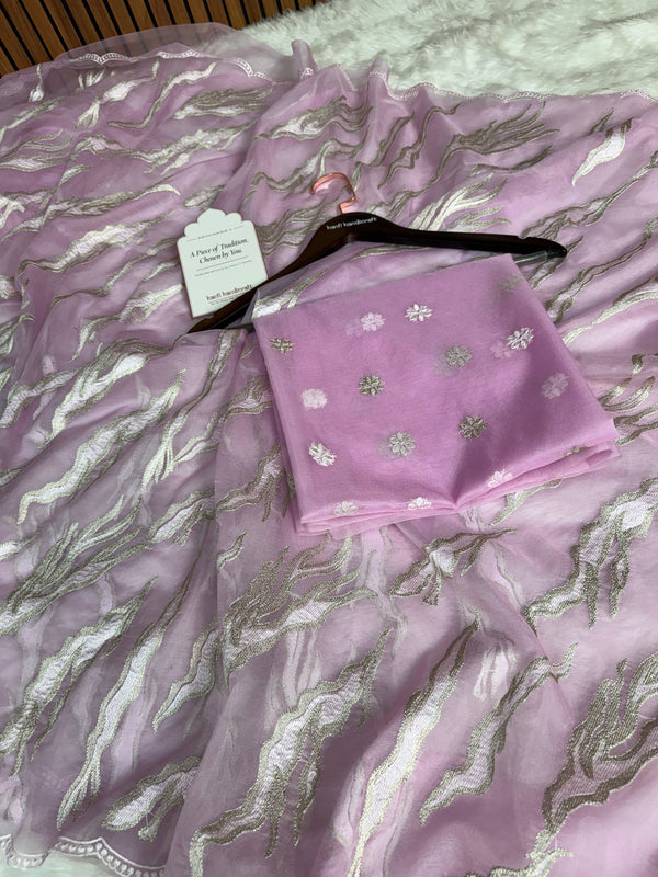 Lavender Haze Modern Zari Embroidered Kora Organza Saree