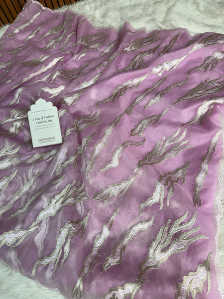 Lavender Haze Modern Zari Embroidered Kora Organza Saree
