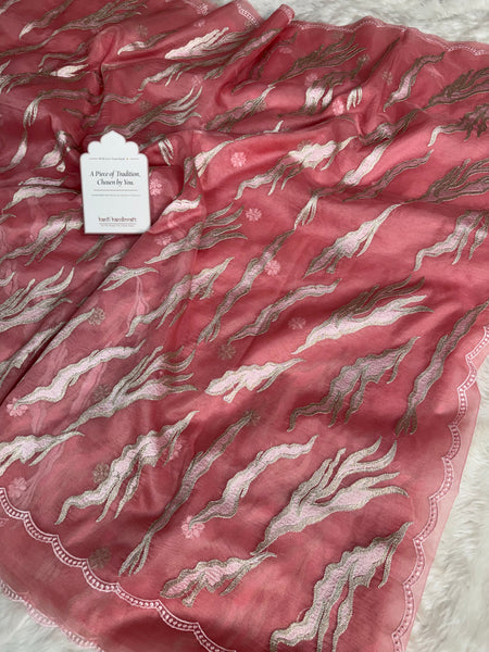 Rosewood Blush Modern Zari Embroidered Kora Organza Saree