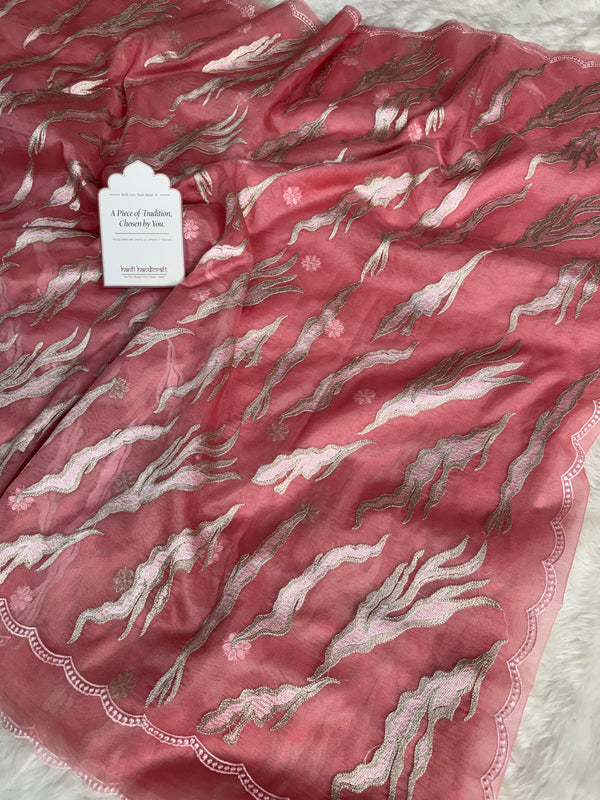 Rosewood Blush Modern Zari Embroidered Kora Organza Saree