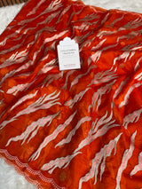 Burnt Tangerine Modern Zari Embroidered Kora Organza Saree