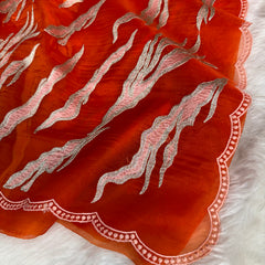 Burnt Tangerine Modern Zari Embroidered Kora Organza Saree