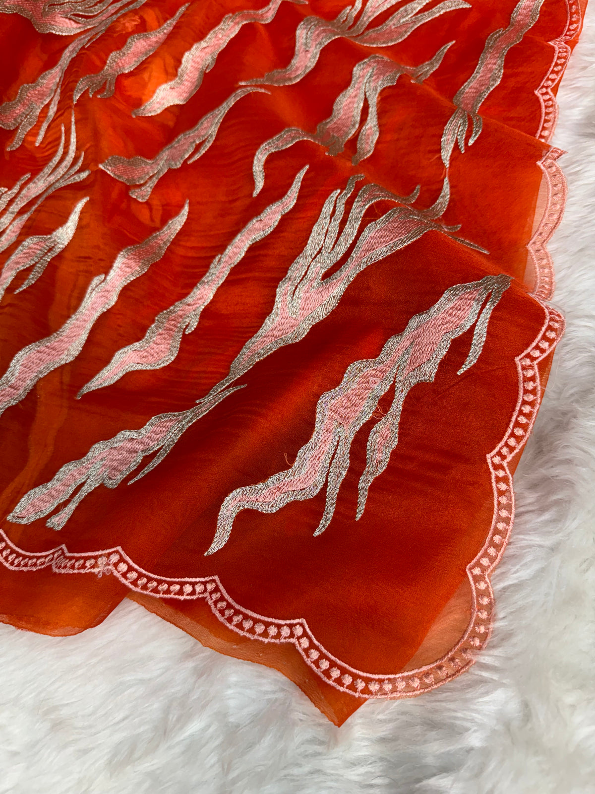 Burnt Tangerine Modern Zari Embroidered Kora Organza Saree