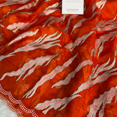 Burnt Tangerine Modern Zari Embroidered Kora Organza Saree