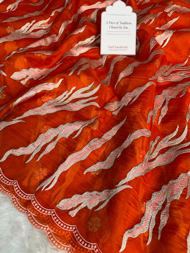 Burnt Tangerine Modern Zari Embroidered Kora Organza Saree