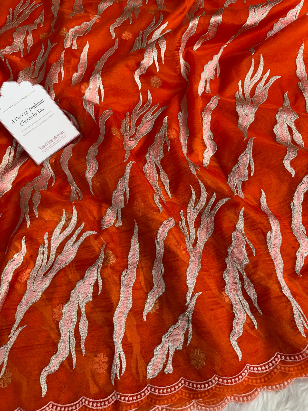 Burnt Tangerine Modern Zari Embroidered Kora Organza Saree