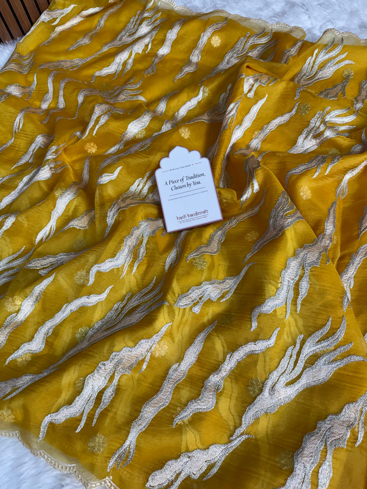 Golden Mustard Modern Zari Embroidered Kora Organza Saree