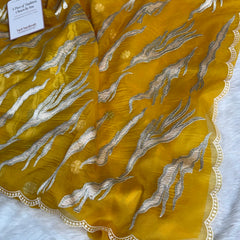 Golden Mustard Modern Zari Embroidered Kora Organza Saree