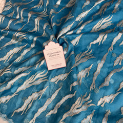 Ocean Teal Modern Zari Embroidered Kora Organza Saree