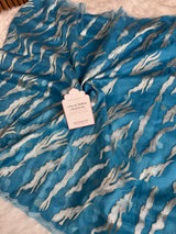 Ocean Teal Modern Zari Embroidered Kora Organza Saree