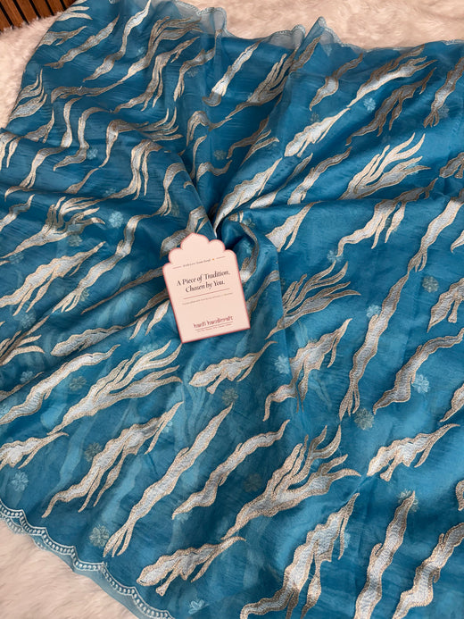 Ocean Teal Modern Zari Embroidered Kora Organza Saree