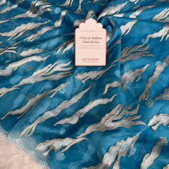 Ocean Teal Modern Zari Embroidered Kora Organza Saree