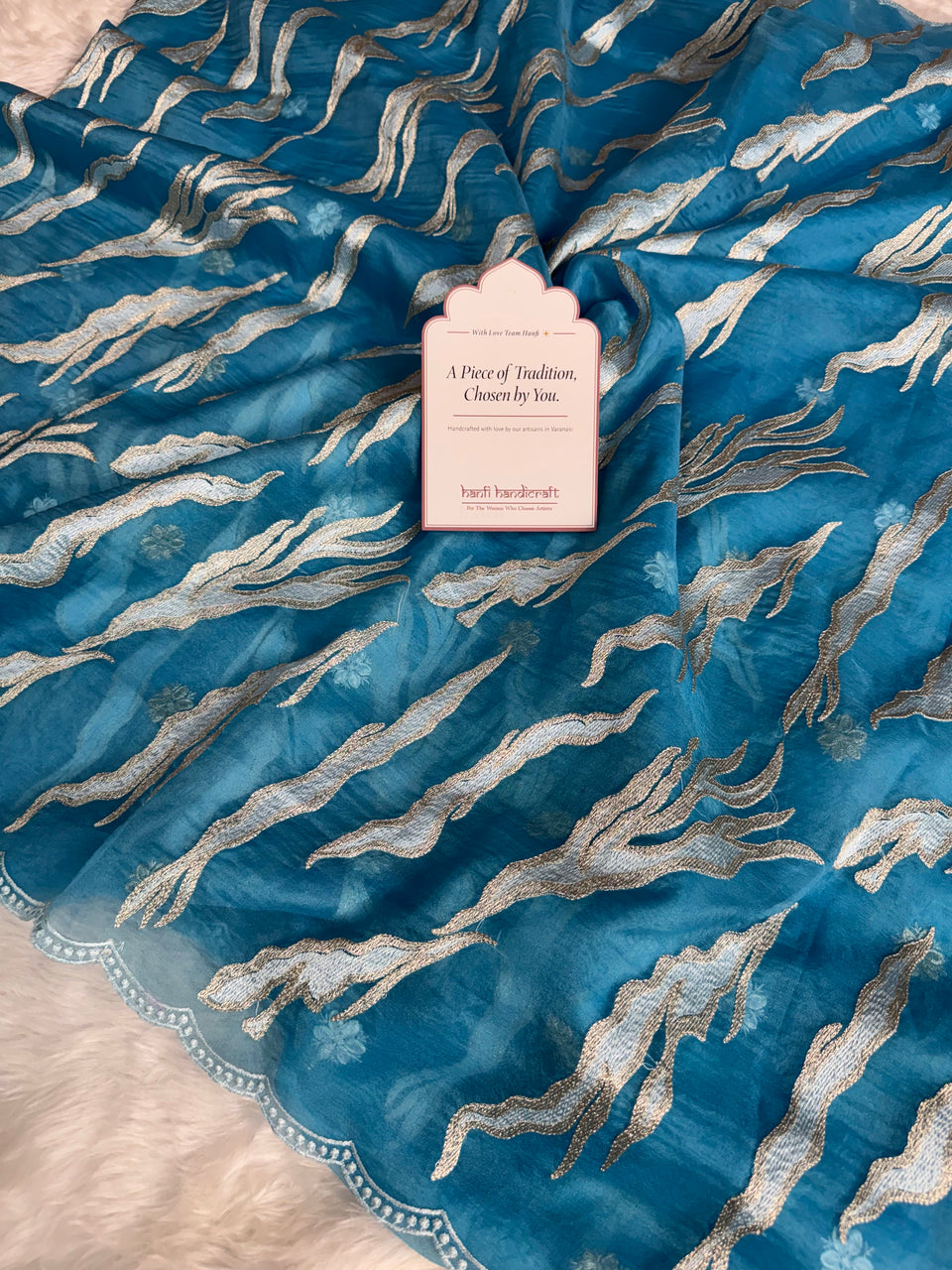 Ocean Teal Modern Zari Embroidered Kora Organza Saree