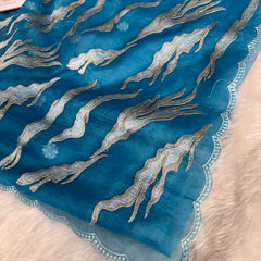 Ocean Teal Modern Zari Embroidered Kora Organza Saree