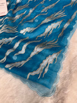 Ocean Teal Modern Zari Embroidered Kora Organza Saree