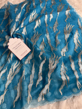 Ocean Teal Modern Zari Embroidered Kora Organza Saree
