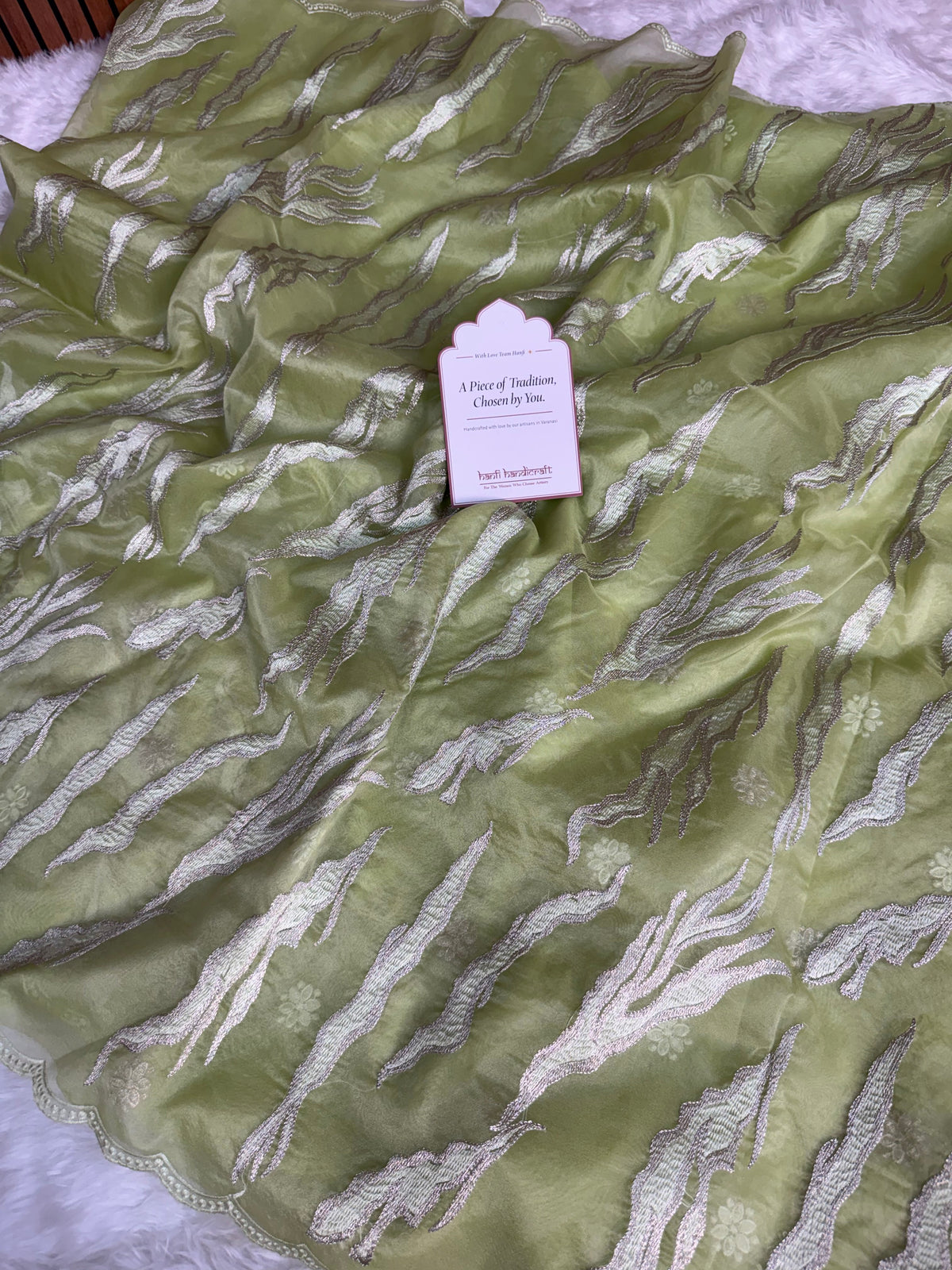 Pistachio Mist Modern Zari Embroidered Kora Organza Saree