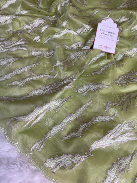Pistachio Mist Modern Zari Embroidered Kora Organza Saree