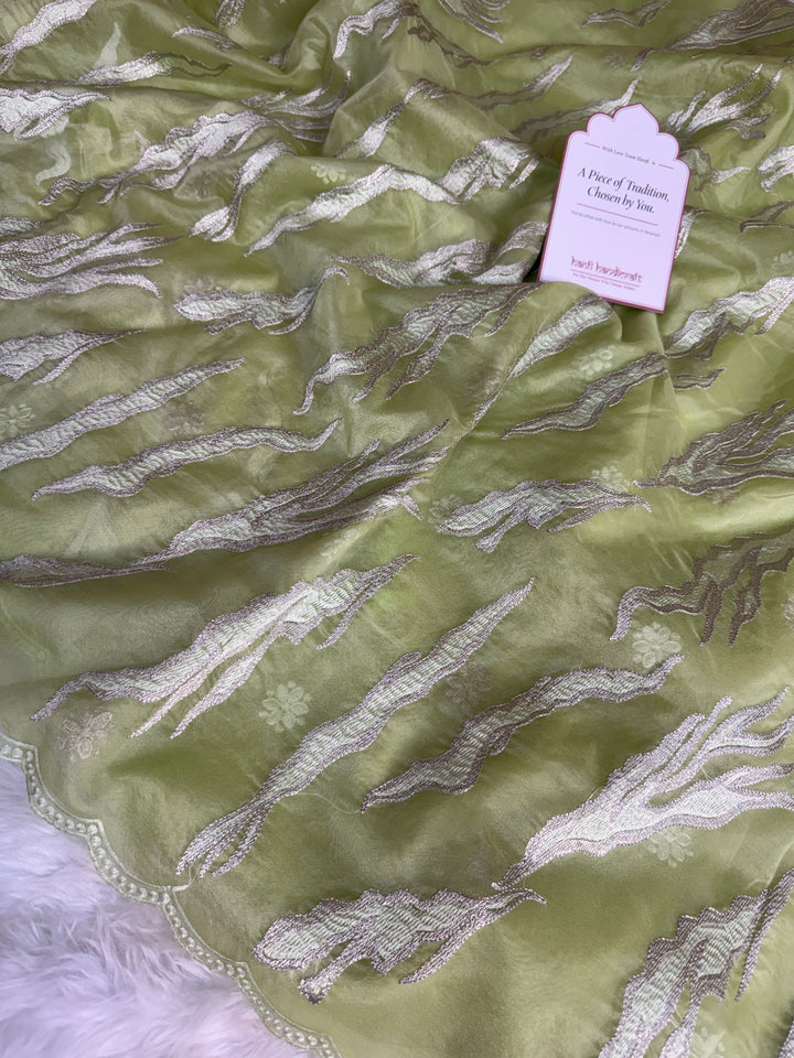 Pistachio Mist Modern Zari Embroidered Kora Organza Saree