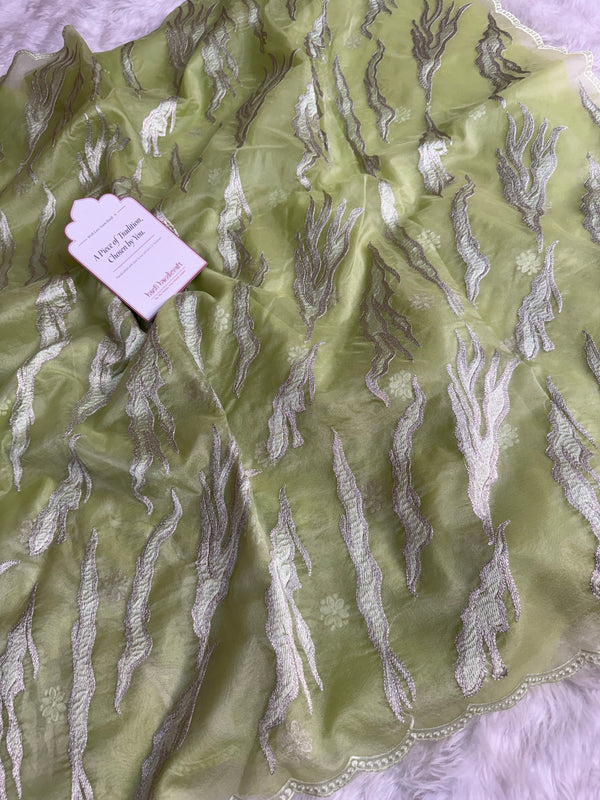 Pistachio Mist Modern Zari Embroidered Kora Organza Saree