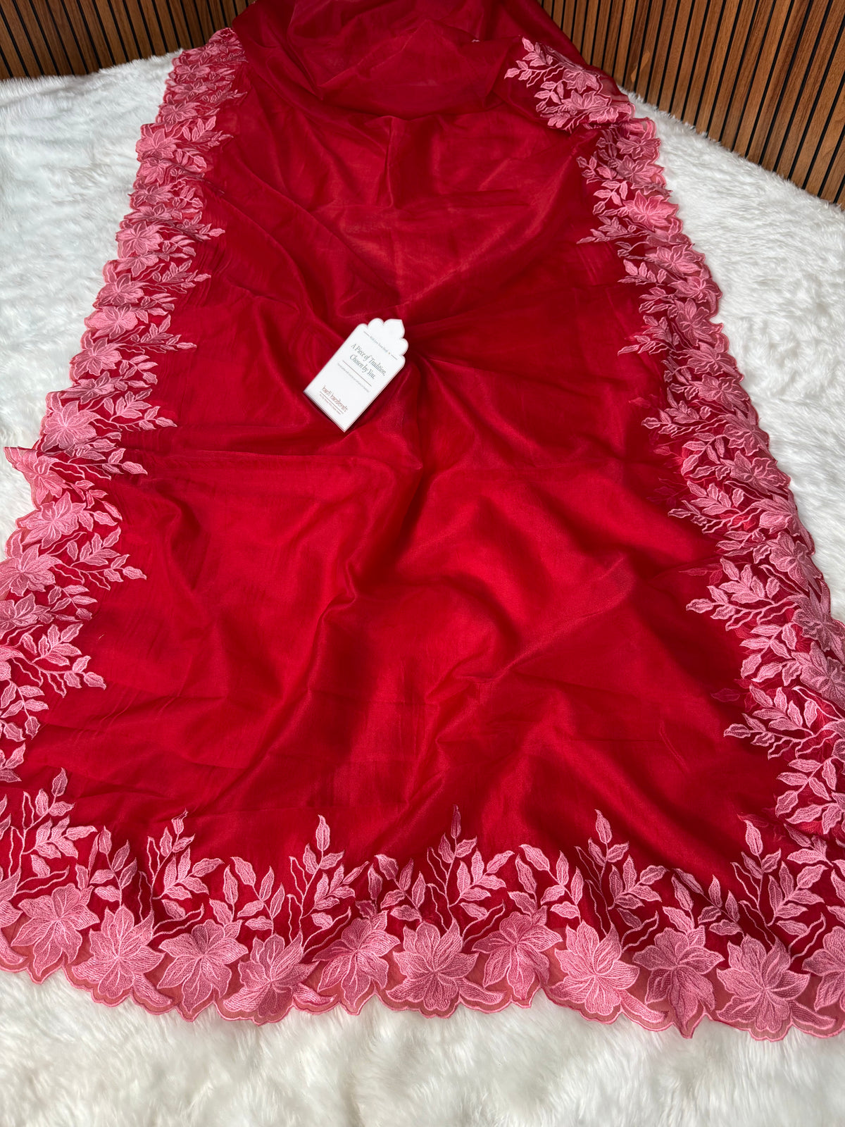 Scarlet Petal Embroidered Cutwork Kora Organza Saree