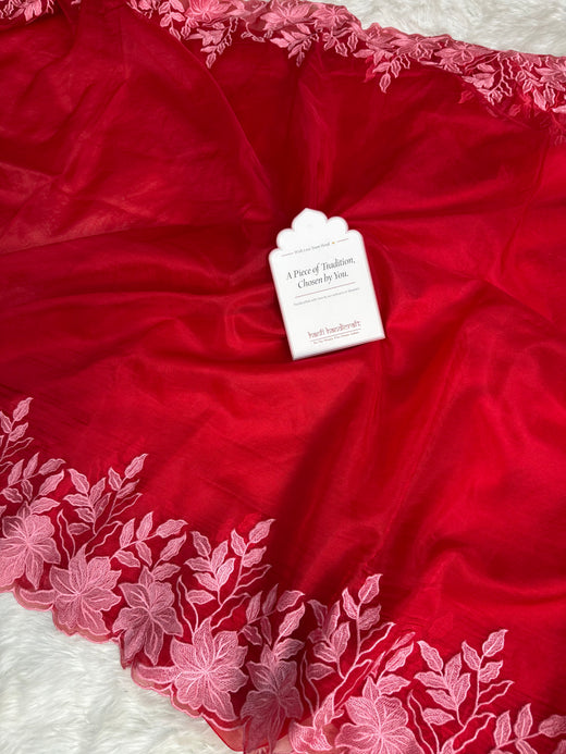 Scarlet Petal Embroidered Cutwork Kora Organza Saree